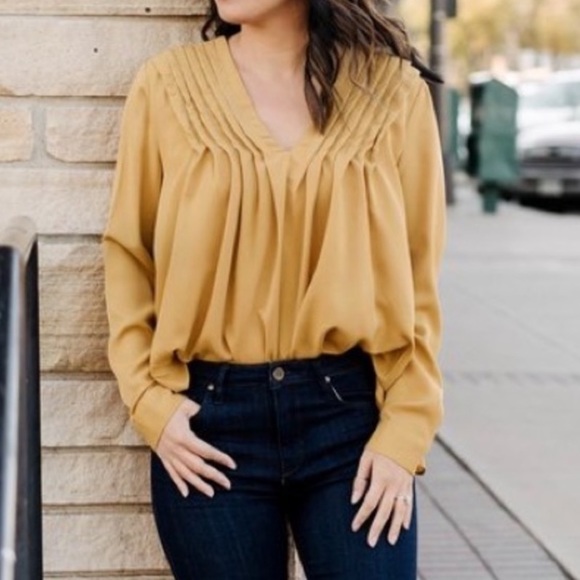 Anthropologie The Korner Pleated Tie Neck Blouse Mustard Size S - Picture 2 of 6